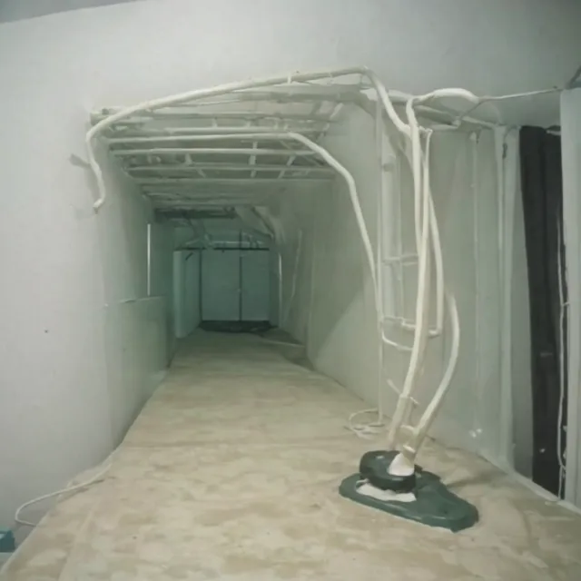 A narrow windowless corridor in washed grey-white, walls of taped and unfinished plasterboard. Pale flexible ducting arcs overhead like exposed ribs and coils down into a squat dark-green base unit on the floor. Bare dust-covered floor recedes to a shut door at the far end. Overcast, low-resolution, unpeopled.