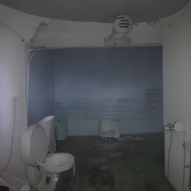 A dim institutional bathroom in cold blue-grey. Toilet and cistern in the left foreground, radiator and fixtures at right, a large flat blue panel covering the rear wall. A round vent sits high on the ceiling trailing loose cable. Damp, unlit, unoccupied.