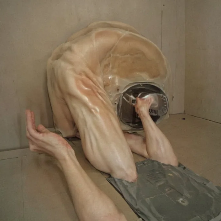 A hairless, waxy human figure kneels curled forward into the corner of a bare room, head pressed into a chrome porthole-like fixture set low in the wall. The skin is translucent and veined, the limbs elongated; a folded grey cloth lies under the body. Harsh even light, clinical and airless.