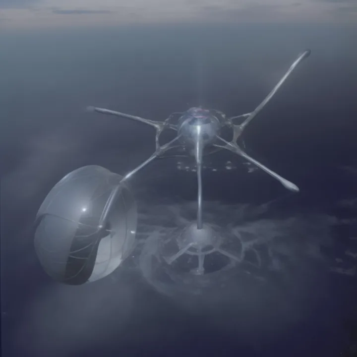 A slender many-armed craft hangs in pale blue cloud, seen from above. Six thin spars radiate from a bright central hub; a large ribbed balloon or sail is tethered at lower left. Beneath, a faint circular structure shows through the haze. Cold, weightless, dreamlike.