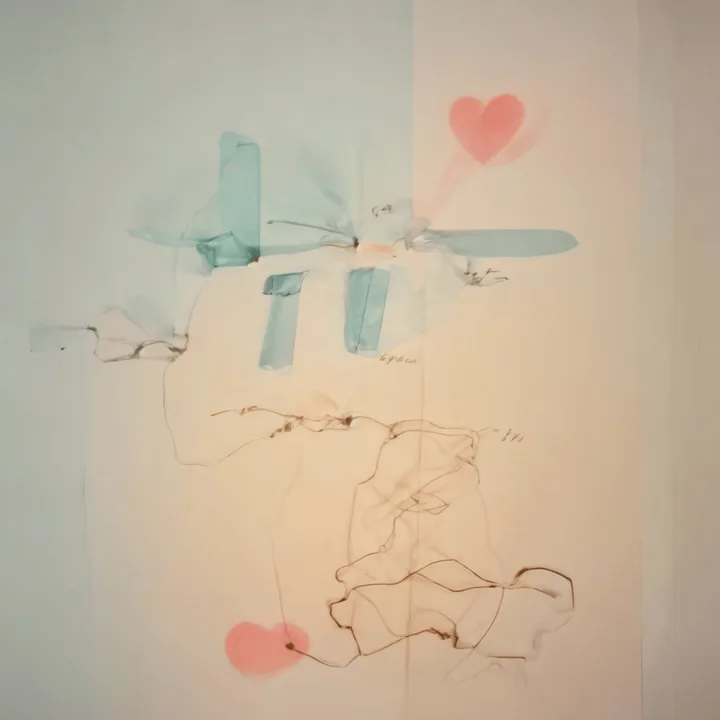 A soft pastel field split between mint green and warm peach. Translucent pale-blue shapes hover upper centre like folded paper or wings; two blurred red hearts sit at upper right and lower left. Thin brown wire-like lines scribble across the lower half. Faint, washed, deliberately unresolved.