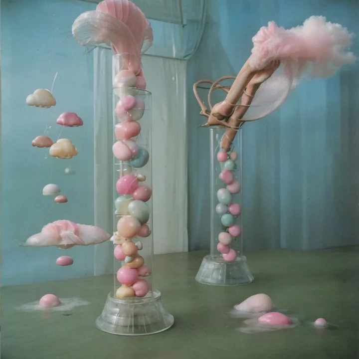 Two tall glass cylinders stand on a green floor against a painted blue backdrop of soft clouds. Each is packed with pink and pale-blue spheres like gumballs; from the tops erupt plumes of pink tulle and a small tangle of limbs. Spilled spheres and cloud-puffs litter the floor. Studio-lit, saccharine, faintly clinical.