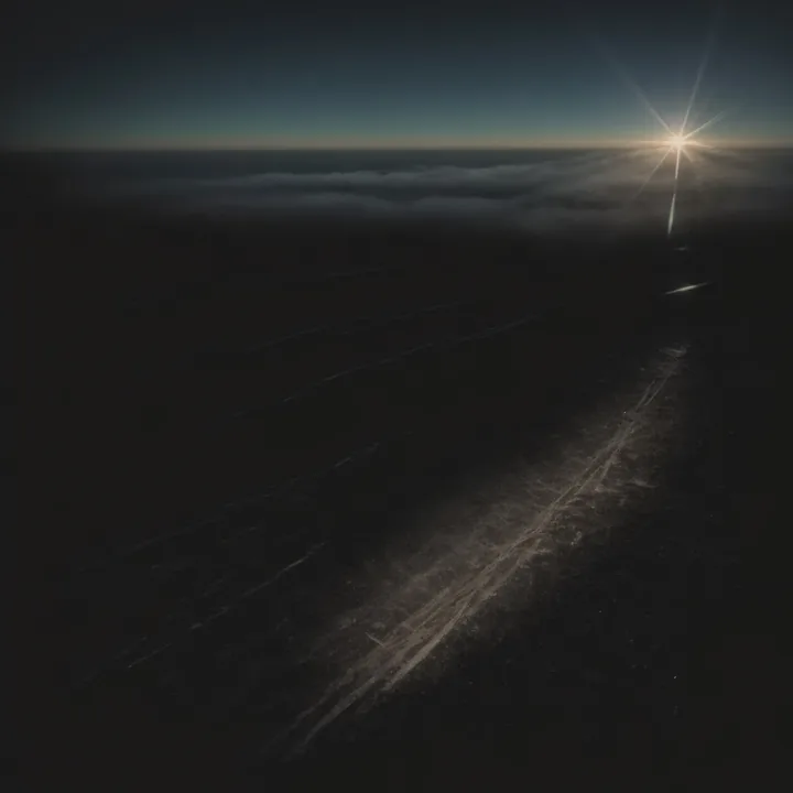 A near-black aerial view. A low sun flares as a hard star at the upper right horizon above a thin band of cloud; below, a pale diagonal streak of light cuts across dark terrain, crossed by faint scratch-like lines. Almost monochrome, vast and empty.