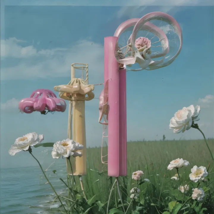 A grassy coastal meadow under blue sky, strewn with white roses. At centre stands a totem of stacked pink and cream tubes; a glassy wire loop crowns it. A bulbous pink form like a toy car hovers at left above the sea. Faded snapshot colour, cheerful and slightly wrong.