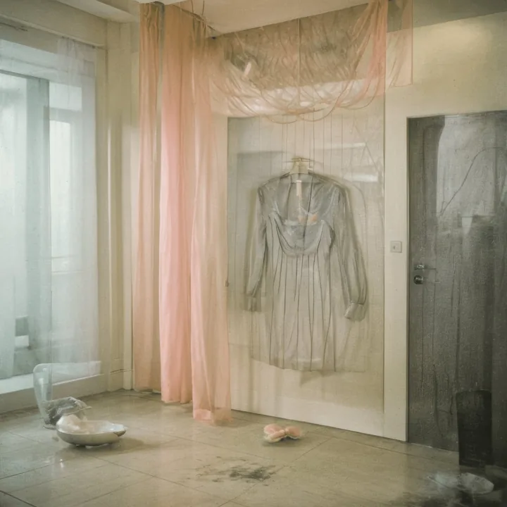 A pale tiled interior. A salmon-pink curtain hangs at left; behind a veil of fine gauze a grey dress hangs empty on a hanger, its outline blurred by the mesh. A dark door stands at right, a low bowl and a scatter of pink cloth on the floor. Still, muted, nobody present.