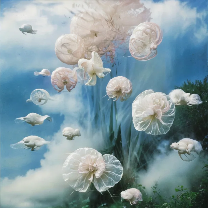 A blue sky full of drifting creatures: translucent flower-like blooms with ruffled petals float alongside small pale animals with flippers and blunt snouts, part manatee and part mollusc. Green reeds and foliage rise at the lower edge. Airbrushed, buoyant, aquarium-in-the-sky.