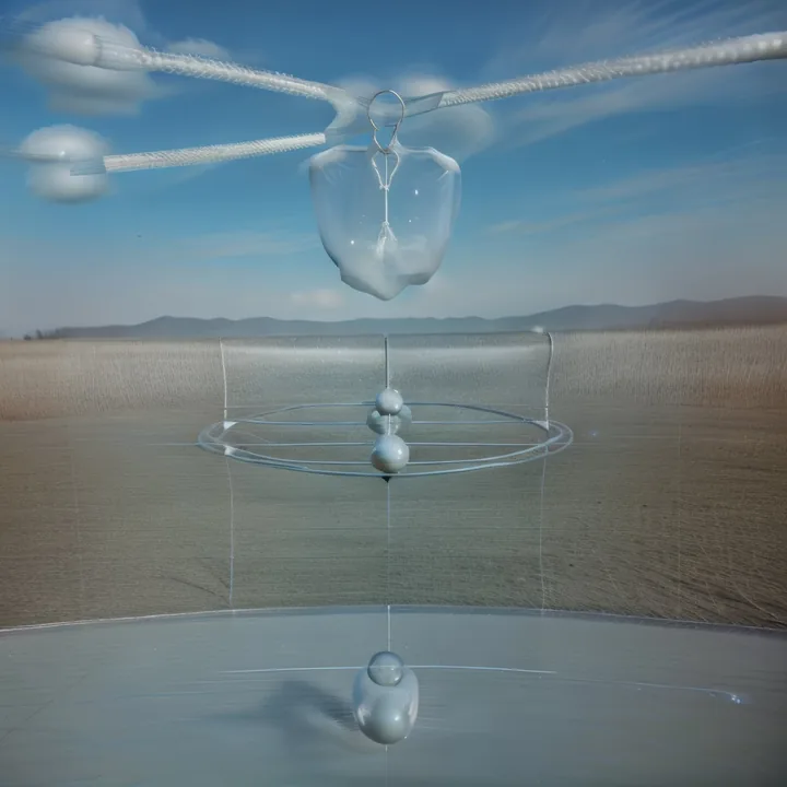 A wide arid plain under blue sky, seen through what appears to be glass. A translucent heart-like sac hangs from a thin cable strung across the top of the frame, flanked by pale cloud-blobs. Below, a faint wire hoop encircles a stack of small glass spheres. Sun-bleached, diagrammatic, dead still.
