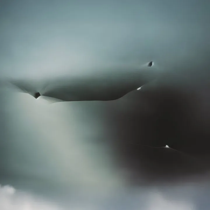 An almost abstract field of blue-grey fog. A pale form surfaces across the middle like the flank and eye of a whale breaking cloud, dissolving at every edge. Deep shadow fills the right. Extremely soft focus; the subject is never quite confirmed.