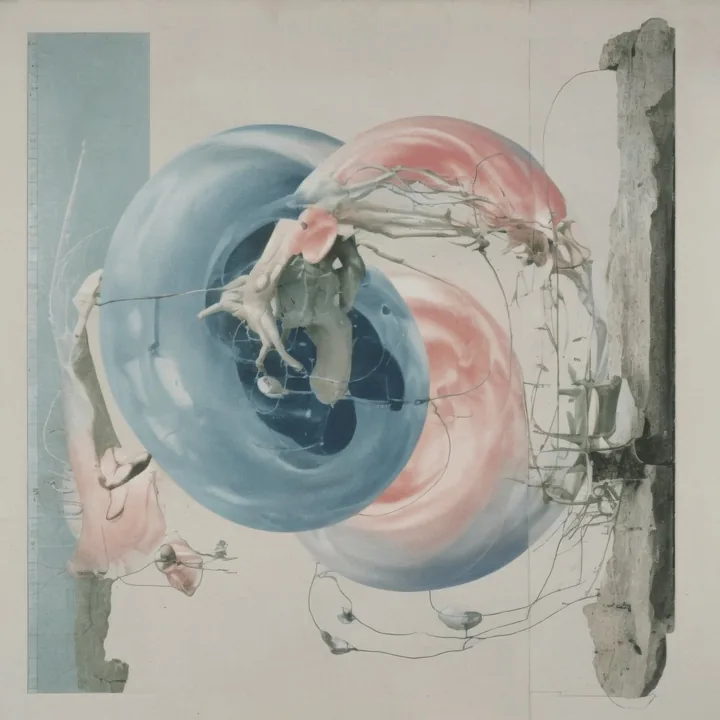 On a cream ground, two overlapping discs of dusty blue and salmon pink form a double vortex. At their centre a small grey figure is suspended in tendrils of pale tissue. A weathered concrete slab stands at the right edge, a strip of blue at the left, with fine wire lines trailing across. Half anatomy plate, half abstraction.