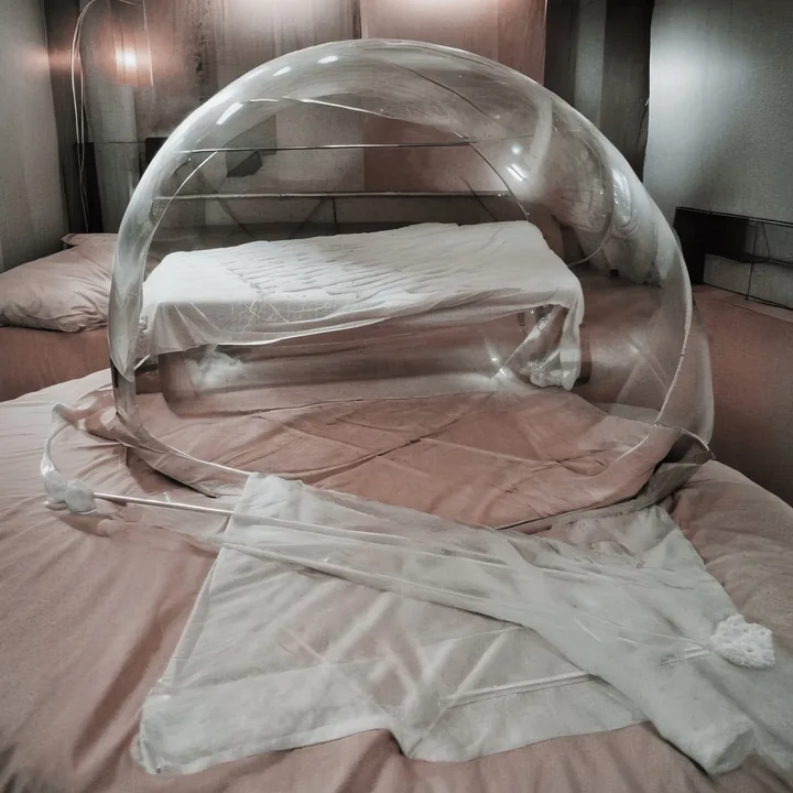 A dim bedroom in dusty rose. A large transparent bubble sits on the bed, enclosing a second miniature bed made up with white sheets. Sheer white fabric and thin tubing spill out across the pink coverlet. Warm lamplight, airless, like a specimen kept under glass.