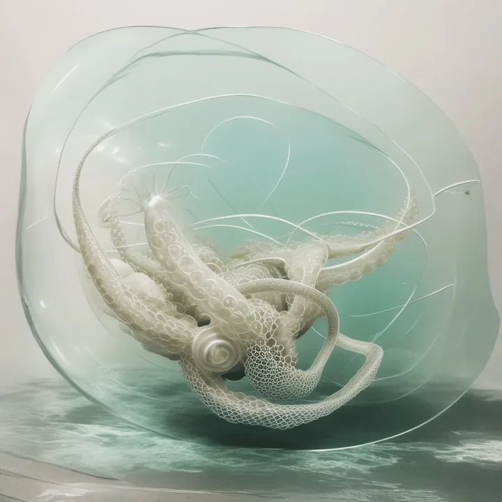 A pale mint-green membrane, translucent and layered like a jellyfish bell, encloses a knot of white tentacular forms covered in fine lace-like suckers. A spiral shell sits at the centre. Below, a band of grey water. Delicate, biological, entirely bloodless.