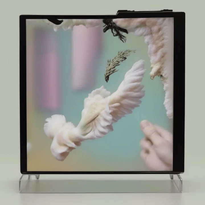 A small framed screen stands on a wire easel against a grey-green wall. The image on it shows a creamy feathered wing-form mid-flight against pastel pink and mint blocks, with a pale hand reaching in from the right and a dark sprig falling. Object and image presented together.