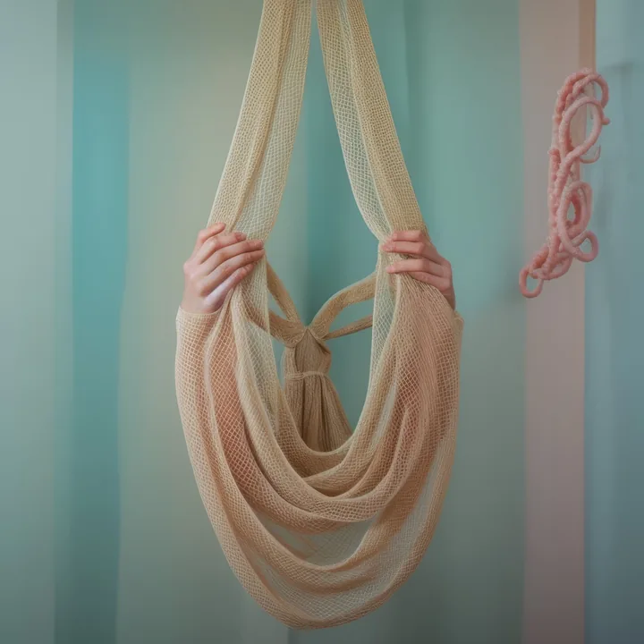 Two hands grip the ends of a long fine-mesh net and hold it up against a wall painted in soft vertical bands of mint, blue and pink. The net swags into deep loops, knotted at the centre. A coil of pink cord hangs at the right. Only the hands and forearms are visible.