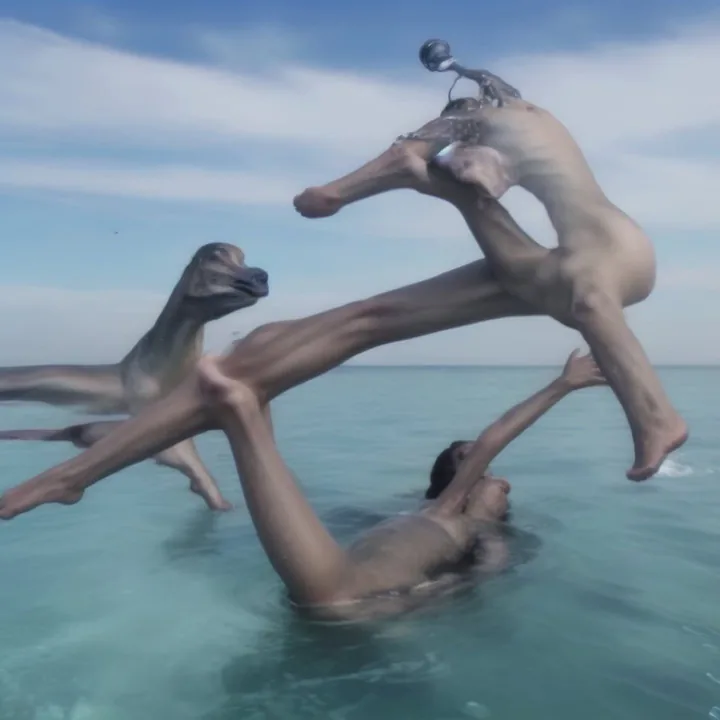 Bright sea and sky. Nude bodies are stretched and recombined across the frame: one floats on its back in turquoise shallows, its legs elongating impossibly to the left where they meet a second contorted torso in mid-air. A dog-headed form swims at the left edge. Holiday-snapshot light, anatomy gone wrong.
