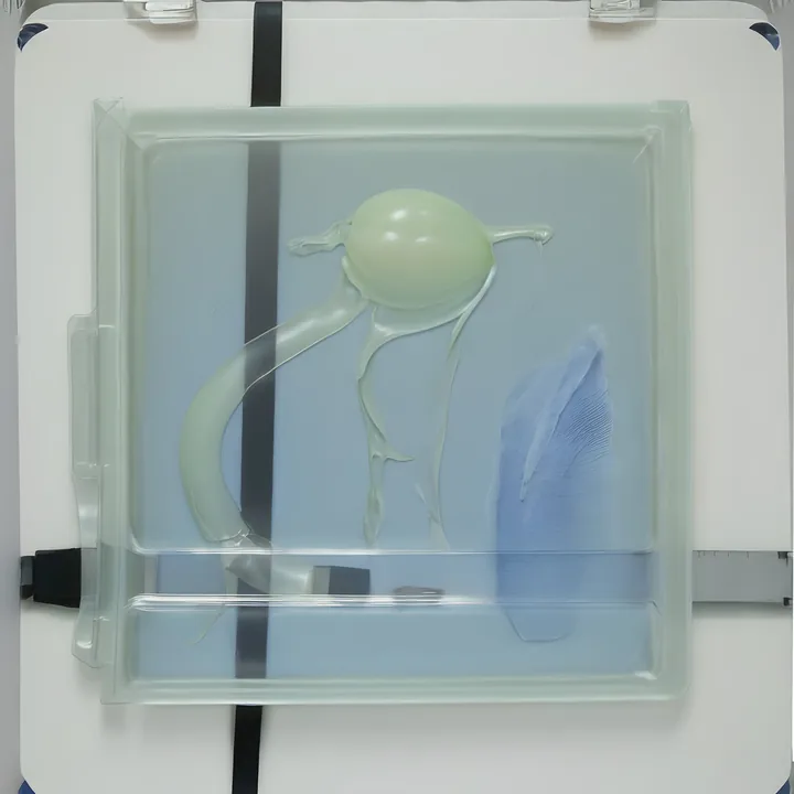 A clear resin block clamped to a white board. Suspended inside is a pale yellow-green bulb trailing two smooth tubes like a root or an organ, beside a folded scrap of blue textile. Laboratory presentation: specimen, mount, label. Cool even light.