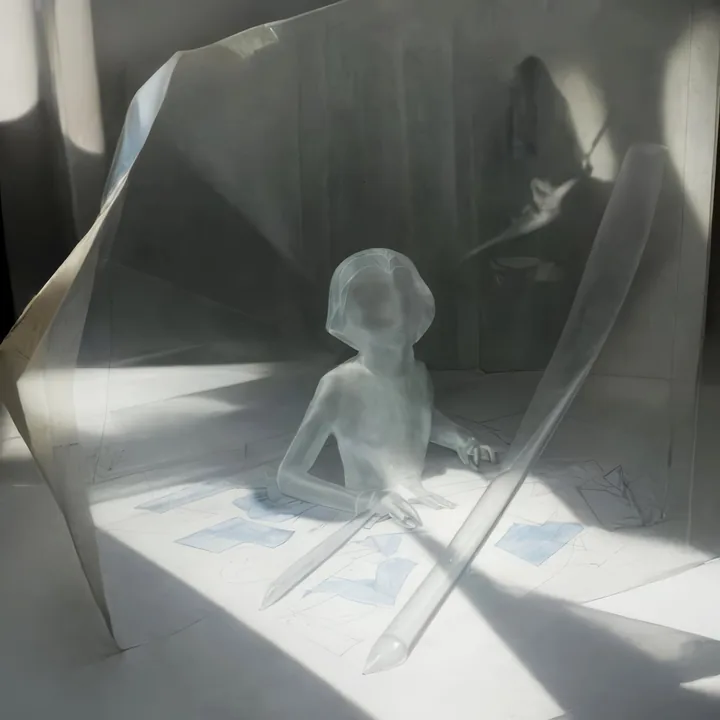 A translucent grey figure sits at a table in hard raking sunlight, hands resting among loose sheets marked with blue. Large angled paper panels fold around the scene like a collapsing set; a shadowed figure looms on the wall behind. Everything is the same chalky grey, the sitter barely separable from the room.