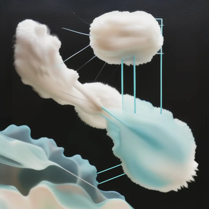 On black, three dense white cloud-masses hang like clipped wool, connected by thin cyan rules and fine white filaments as though annotated. A soft pastel wave of mint and rose flows across the lower left. Diagram and weather at once.