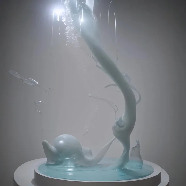 A pale ceramic-like form rises from a shallow pool of blue liquid on a round white plinth. A smooth limb or neck arcs upward and shatters into spray and droplets caught mid-air; a small blunt-headed creature lies at its base. Studio grey background, frozen motion.