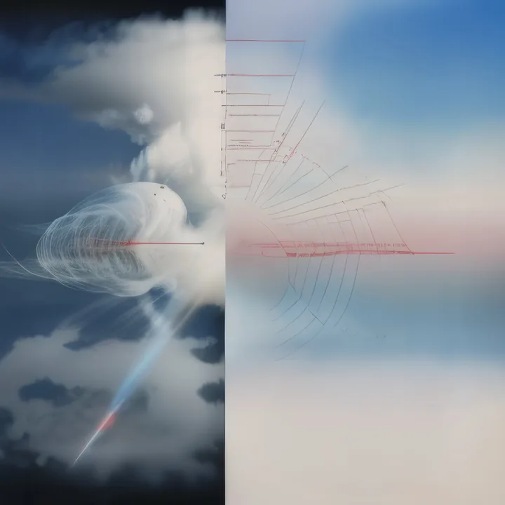 A vertical split. The left half is a dark storm sky where a pale ribbed pod hangs, trailing a bright blue streak downward. The right half is bleached pale blue and rose, overlaid with a fan of fine red and grey technical lines like a rigging plan. Weather against blueprint.