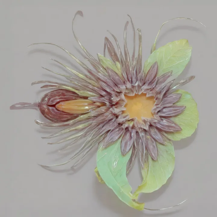 A single specimen on a plain grey ground: a flower or sea anemone with a dense crown of mauve-pink spined petals around a soft orange centre, long pale filaments curling outward, and two waxy yellow-green leaves beneath. Botanical-plate framing, no scale, no context.
