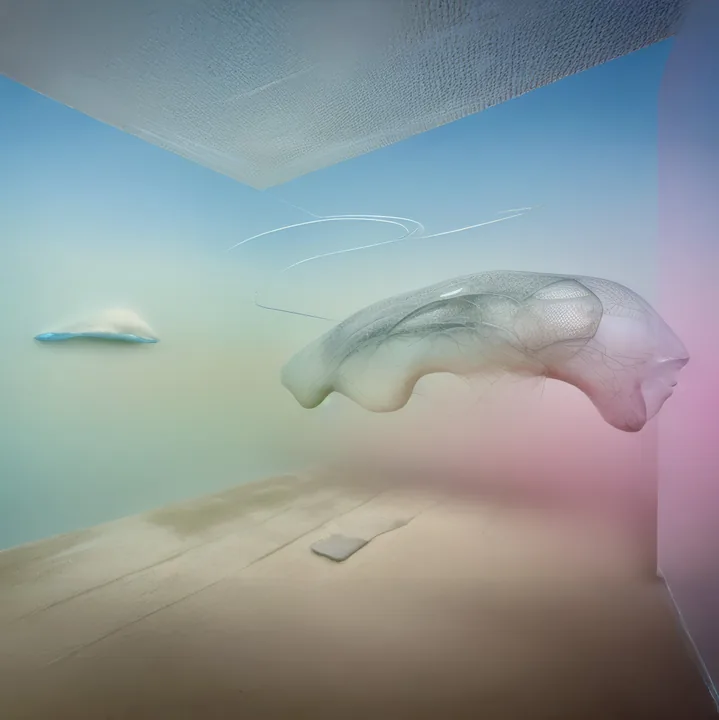 An empty room washed in gradient pastel — mint walls bleeding to pink at the right, a sandy floor, a grey textured slab for a ceiling. A large whale-like form built of fine grey mesh hovers in the middle air, weightless. A small pale shape floats at the left. Nothing else in the room.