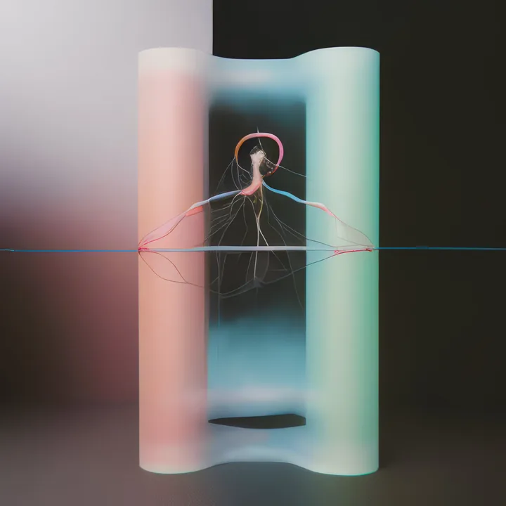 A tall translucent screen of soft pink and mint stands in a dark space. Behind it, a small figure with an orange halo sits with arms outstretched, trailing fine root-like filaments that spread symmetrically to either side. A single blue horizontal line crosses the whole image at mid-height. Shrine-like.