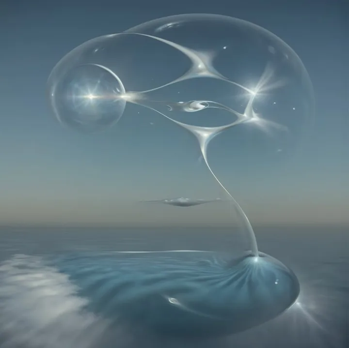 Above a calm grey sea, an enormous cluster of soap-bubble spheres hangs in the pale sky, their films catching starburst highlights. A single glassy strand runs down from the cluster into a spreading blue bloom on the water below. Silent, luminous, weightless.