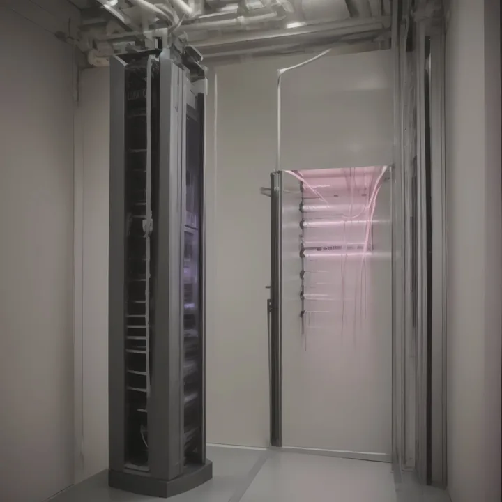 A narrow server room. A black equipment rack stands in the foreground under exposed ceiling pipes; behind a glass door, a wall of racked hardware glows pink and violet. Cold grey concrete, fluorescent light, no people. The only photographic-looking interior in the run.