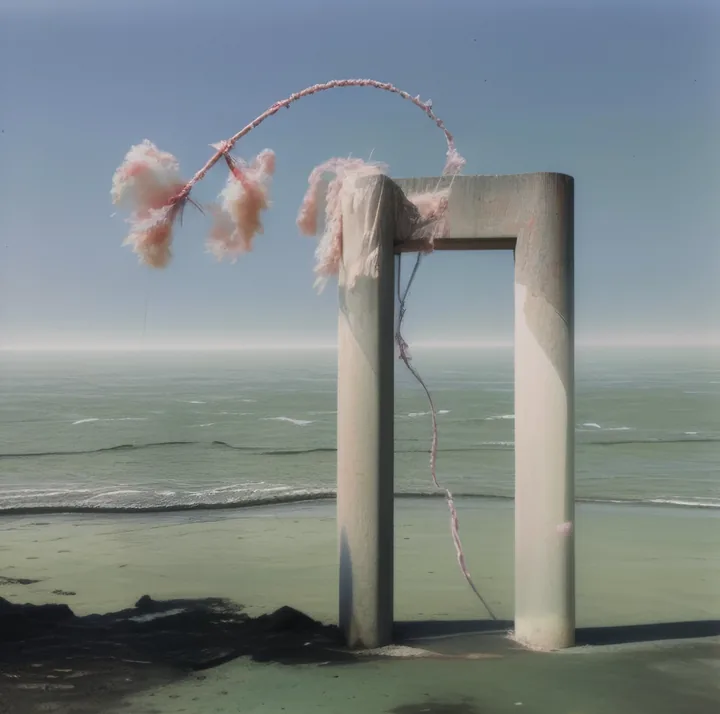 A heavy concrete portal stands alone on a tidal flat under a pale sky, green-grey water behind it. A long strand of pink candy-floss cloud arcs over and through the opening, snagging on the lintel and trailing down to the sand. Faded, becalmed, monumental and silly at once.