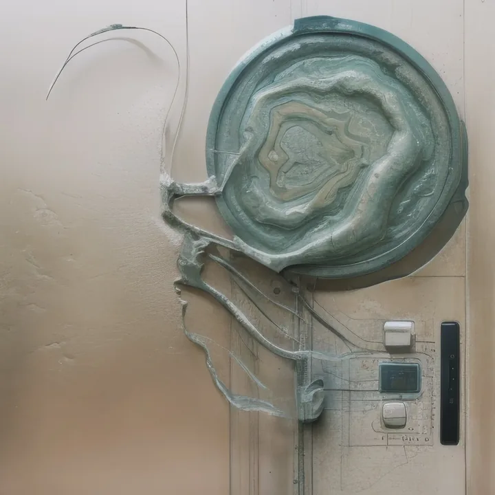 Mounted on a pale plaster wall, a large circular slab of banded green-grey stone like a cut agate. From its left edge, translucent ribbons drip and stretch down the wall, resolving into faint blue technical linework and small switch plates at lower right. Geology fused to wiring diagram.