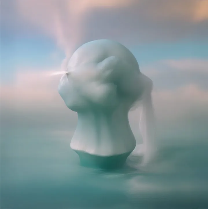 A vast cloud-textured head and shoulders rises from a still sea, the surface soft as whipped foam, features almost entirely dissolved. A hard point of light flares where an eye might be, and a veil of vapour trails to the right. Pale mint and rose, monumental, barely there.