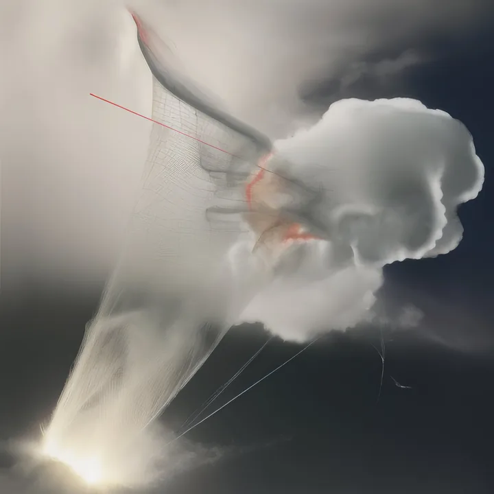 A dark grey sky. A great white cumulus billows at the right while a sail of fine mesh sweeps down and left, shot through with thin red lines, converging on a bright burst of light at the bottom corner. Storm, net and flare rendered in the same weightless grey.