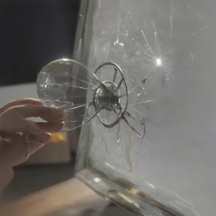 A hand holds a glass dome against a large scratched pane. On the far side, a metal armature with radiating spokes presses back exactly where the dome sits, and a hard star of light flares beside it. Dust and scratches catch the sun. Intimate, tactile, two sides of one glass.