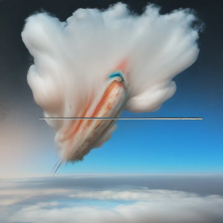 A towering white cumulus floats in deep blue. Inside it, an elongated orange and rust form hangs like a fish or feather in suspension, a small turquoise mark at its head. A thin grey rule runs horizontally across the whole frame, cutting through the cloud. Below, a floor of lower cloud.