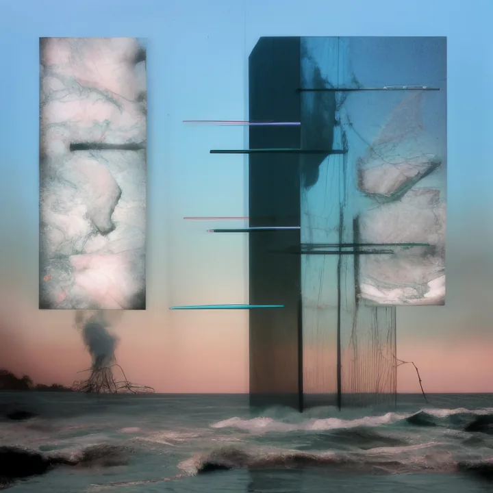 Two large printed panels hang above a dark churning sea at dusk. The left is mottled pink and cream like flesh or marble; the right is blue-green and semi-transparent, showing the sky through it. Horizontal bars in pink, blue and black project out from between them. Billboard scale, no text.