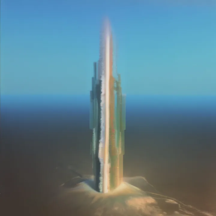 A single immense tower rises from a flat brown desert under a clear blue sky, its facade a blurred vertical smear of green, white and gold that never resolves into architecture. A faint glow spreads around its base. Hazy, overexposed, like a photograph of something that would not hold still.