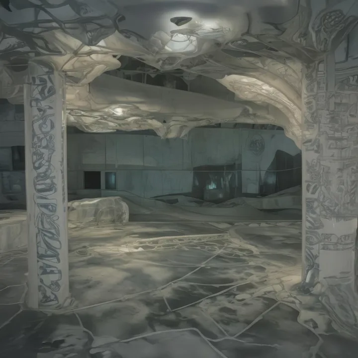 A cavernous grey interior of poured concrete and veined marble. Heavy square pillars carry a low ceiling; the floor is cracked into irregular plates. Dim panel lights glow in the far wall. Every surface is the same cold mineral grey, the scale civic but the space abandoned.
