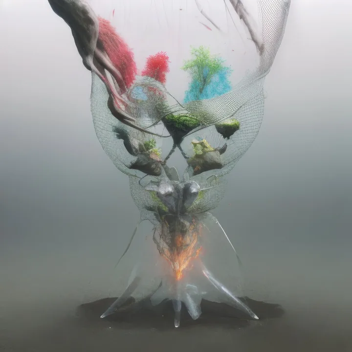 In thick grey fog, a tall structure of fine netting rises from wet ground, flaring open at the top like a trumpet or blown skirt. Tufts of coral in red, green and turquoise cling inside it; a small orange flame burns at its base. Everything else is dissolved in mist.