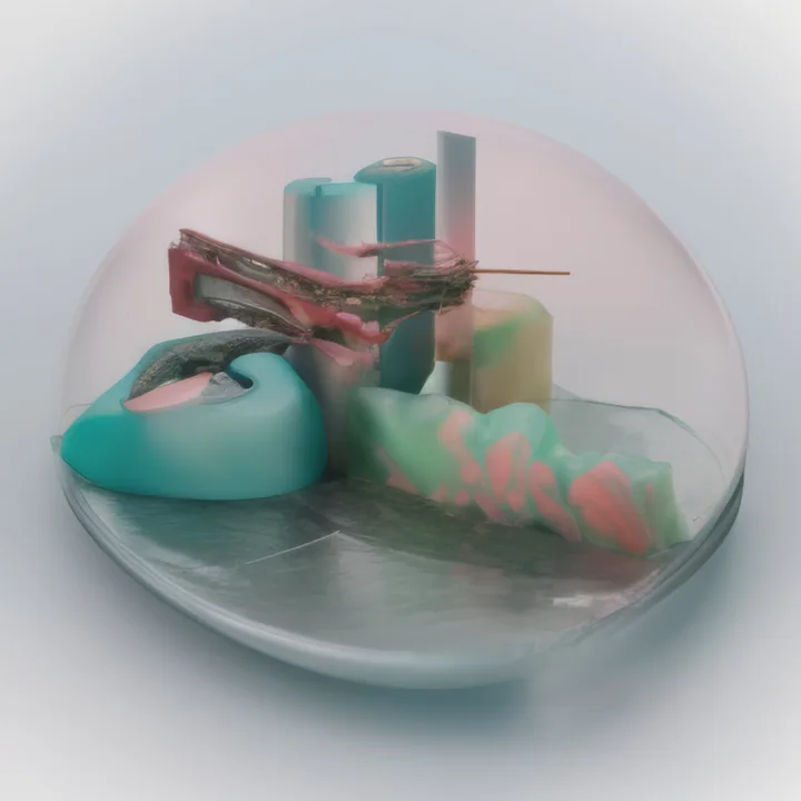 A shallow glass dome sits on a pale surface, covering an arrangement of soft pastel cylinders, a teal blob and a ridge of pink and green coral, with dark twiggy matter skewered through the middle. A cross between a cake stand, a petri dish and a model landscape.