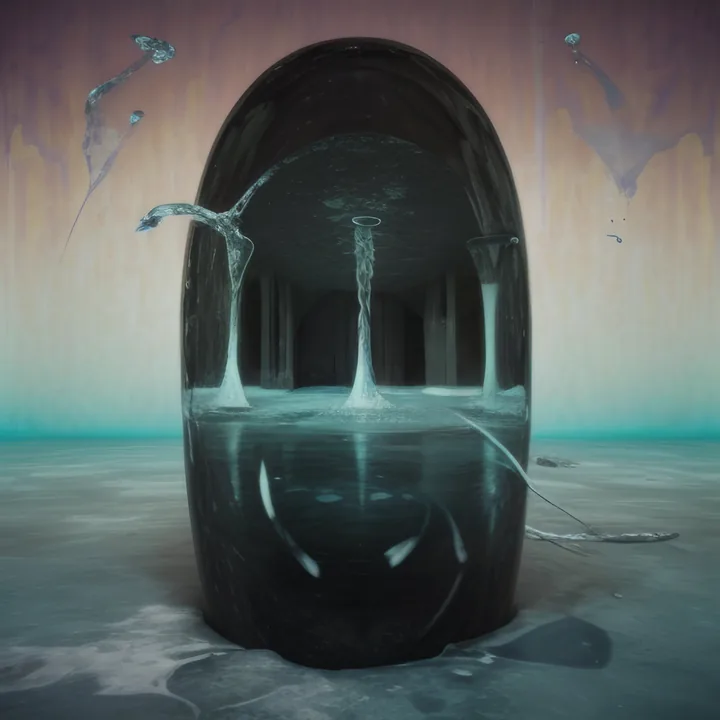 A tall dark ovoid stands on a flooded plain under a sunset-coloured wall of haze. Inside it, a vaulted corridor recedes and thin waterfalls pour down into shallow water; small pale forms hang in the air to either side. Doorway, vessel and weather system at once.