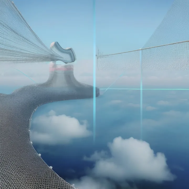 Wide blue sky over a calm sea, with sheets of fine white netting strung across the frame like a fence line. A curved mesh causeway sweeps in from the left and rises to a plinth carrying a small blue-grey form. Two hard cyan lines cross the image vertically and horizontally.