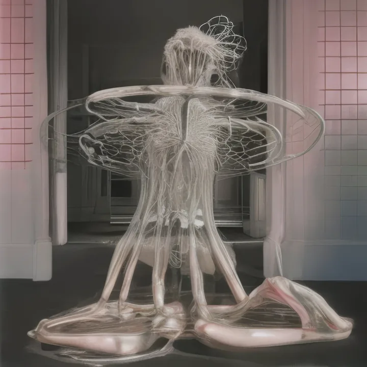 In a pink-tiled bathroom, a translucent figure sits cross-legged on the floor, built entirely of glassy tubes and filaments. A wide flat ring encircles it at shoulder height; the limbs spread and pool into smooth lobes on the tiles. Everything is the same milky pink, the body indistinguishable from plumbing.
