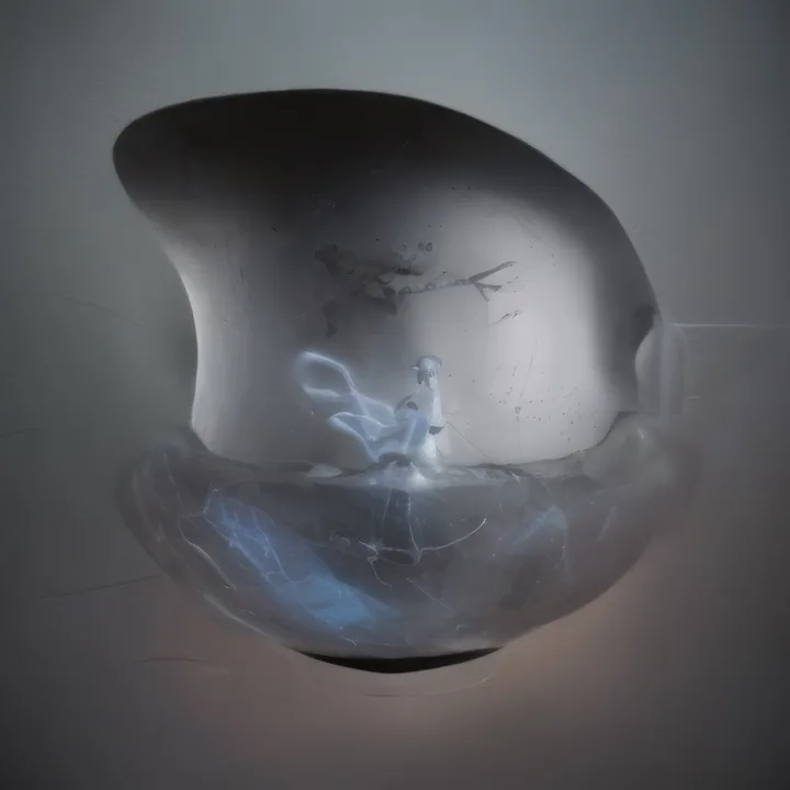 A large smooth vessel, dark at the top and translucent below, sits against a grey wall. Inside its lower bowl a blue luminous vapour curls around a small bright figure. The upper shell is scratched and faintly marked. Quiet, monolithic, like an urn lit from within.