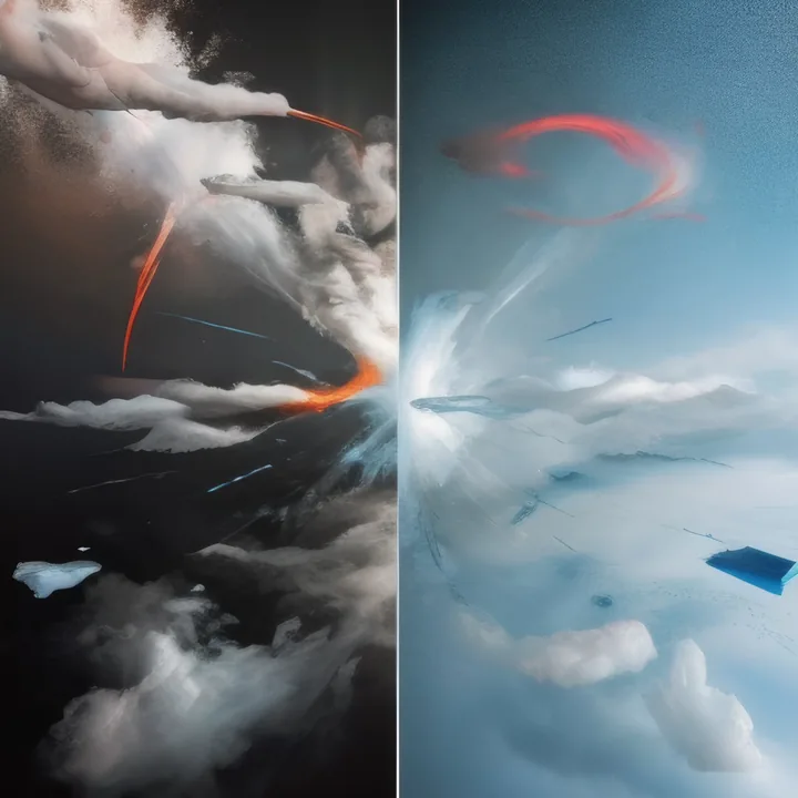 A vertical diptych. The left half is night: dark cloud lit by a burning orange arc that curls through it, embers falling. The right half is day: pale blue sky, a thin red ring hanging at the top, soft cloud below and one small dark blue tile adrift. The same event, twice.