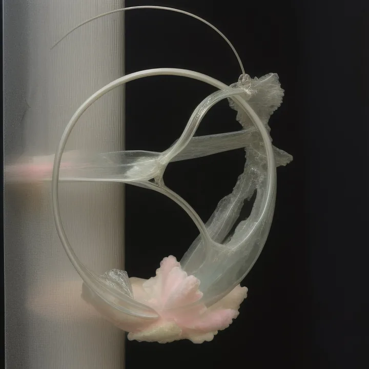 Against a half-grey, half-black ground, a thin hoop encloses stretched translucent membranes that twist through it like a sail or a torn wing. A pale pink and cream coral bloom clusters at the bottom of the ring. Fine wires trail off the top edge. Weightless, taut, half-dissected.
