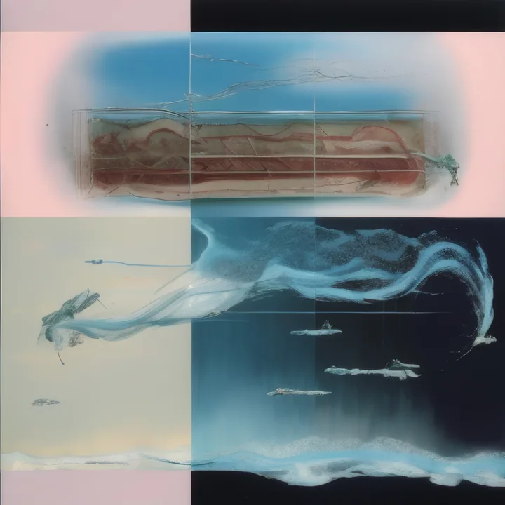 A four-quadrant composition. Across the top, a long flat tray holds red and cream strata like a preserved core sample. Below, pale blue vapour streams from left to right across a dark field, carrying small insect-like forms; a cricket sits at the left edge. Pink and cream blocks square off the corners.