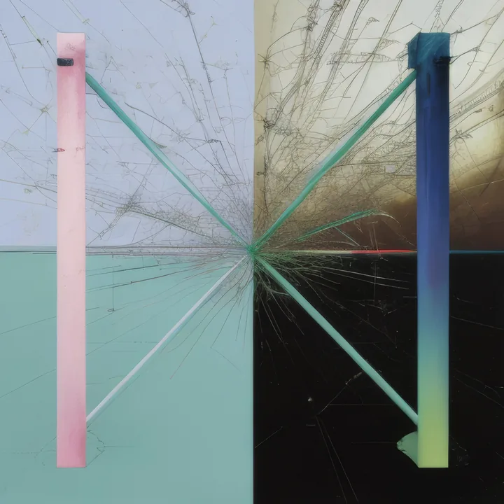 Two tall posts stand against a field split into four colour quadrants — pink, mint, cream and black. The left post is pink, the right a blue-to-yellow gradient. Fine cracked lines radiate from a single point between them, with pale beams running diagonally from post to post. Like a stress diagram.