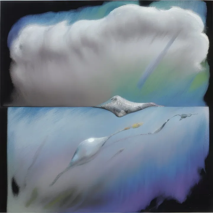 A horizontal band divides the image. Above, a dense white cloud bank on near-black; below, a wash of blue, violet and acid green like airbrushed water. A small grey ray-like form perches on the dividing line, and two more glassy droplet shapes drift below. Soft-edged throughout, nothing in focus.