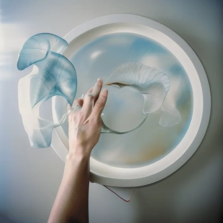 A hand reaches up to a round white dish mounted on a pale wall. Inside it, translucent blue-white forms like petals or fins hover over a cloudy ground; a second leaf-shaped form overlaps the rim at the left. A thin red cord loops down beneath. Clinical and tender at once.