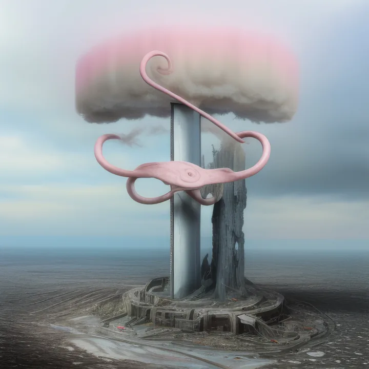 On a flat shoreline, a monolithic grey slab rises from a circular ruin of concrete. A vast pink cloud caps it like a mushroom head, and a smooth pink coil winds around the column, curling into a spiral at the top. Sea and overcast sky behind. Monument, fungus and cartoon at once.
